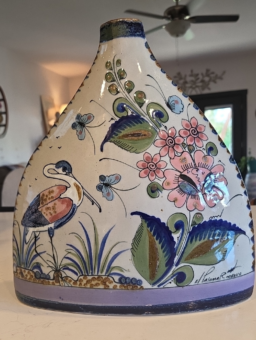 Tonala El Palomar Pottery Vase Green Pink Blue. Birds, Plants and Butterflies.